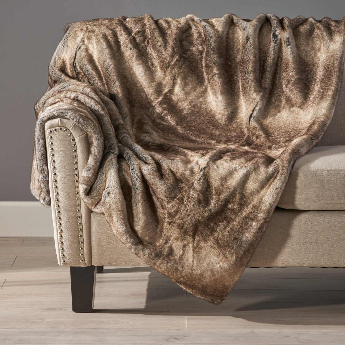 Faux Fur Throw Blanket, 50 x 60 in, Brown Striped